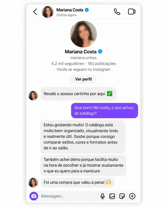 Conversa no Instagram em que Mariana Costa elogia o catálogo