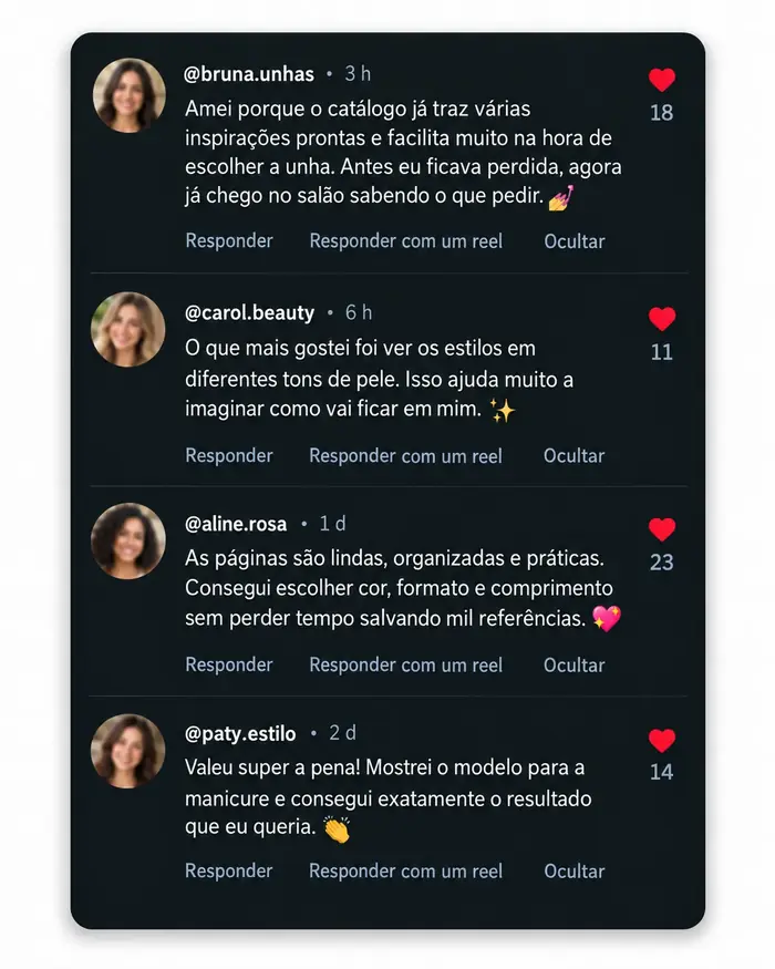 Comentários de clientes elogiando o catálogo de unhas