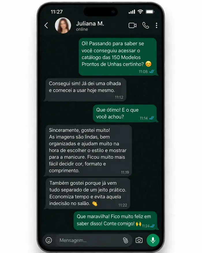 Conversa no WhatsApp em que Juliana M. conta o que achou do catálogo